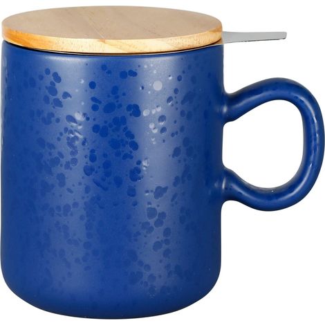 Tisanière 45 cl en Grès avec infuseur - Tasse à thé, tisane avec couvercle en Pin et passoire inox - Bleu Foncé collection Minuit (1/2)