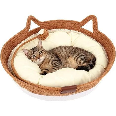 Cotton Rope Cat Basket with Cushion 46x46x16 cm Large Round Washable Cat Bed with Cotton Rope Play Ball (1/5)