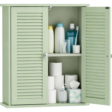 Gain de Place au Sol Armoire Murale Meuble Suspendu 2 Portes Persiennes et Étagère Réglable Salle de Bain Cuisine Vert (1/5)