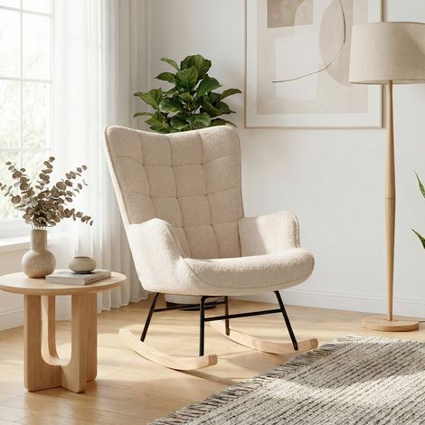 Rocking chair, fauteuil à bascule, chaise allaitement, confortable, relaxant, dossier haut, pieds en bois massif, mousse haute densité, flanelle - Beige