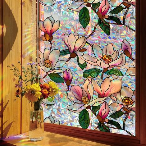 Pellicola per finestre con effetto arcobaleno, 43 x 100 cm, elettrostatica, con motivo a fiori di magnolia, senza adesivo, resistente ai raggi UV, effetto vetrata decorativa (1/4)