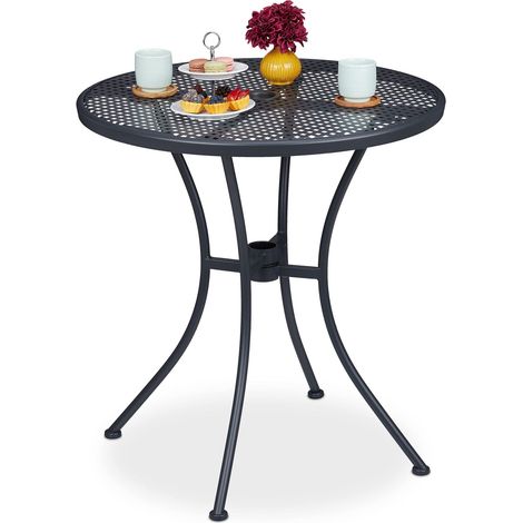 Table Ronde de Jardin, avec Trou pour Parasol, résistant aux intempéries, Acier, HxD 72 x 70 cm, Anthracite (1/5)
