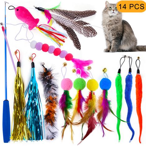 Jouet Chat Canne à Pêche Rétractable 14 Pièces avec Têtes de Remplacement Plumes et Pompons pour Jeu Interactif (1/4)