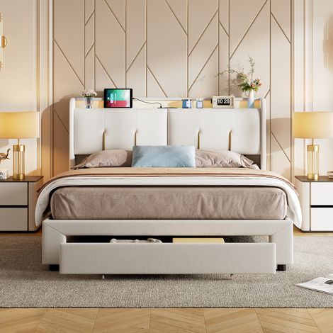 Doppelbett 160/200 cm in Beige-Weiß mit Bettkasten, Auszugsschublade und integrierter Beleuchtung (1/5)