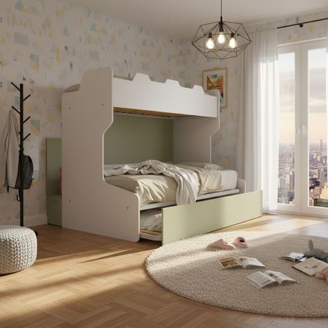 Letto a castello salvaspazio con scala contenitore - 1 Piazza e mezza + singolo - Bianco e Salvia (1/5)