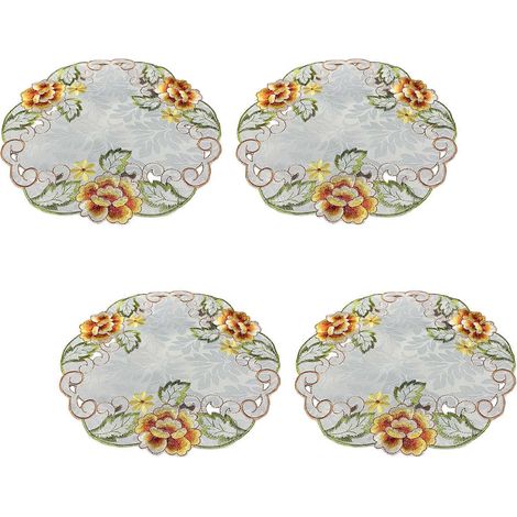 Lot de 4 sets de table de cuisine ronds de 30 cm (11,8 pouces) à broderie florale rétro, résistants à la chaleur et multicolores. (1/5)