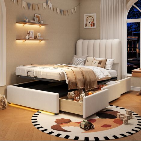 Lit coffre enfant 90x200 cm en velours beige, gain de place pour chambre, FloraGrace (1/5)