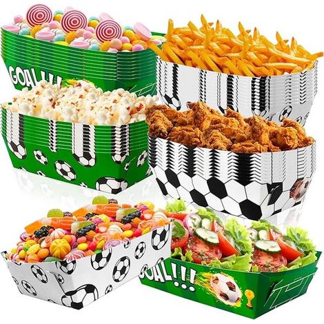 Ensemble de 48 plateaux à apéritifs, plateau à motifs de football, idéal pour les fêtes d'anniversaire sur le thème du football, plateaux en papier réutilisables, bols à chips, plateau de service (1/5)