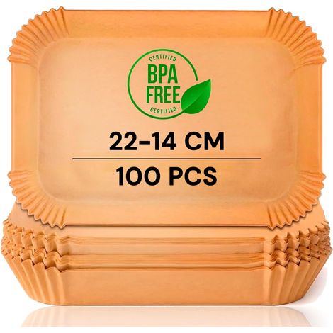 Papier Cuisson Rectangulaire 14x22 cm pour Friteuse à Air, 100 Unités sans BPA, Antiadhésif et Jetable, Idéal pour Four et Friteuses 5-8L