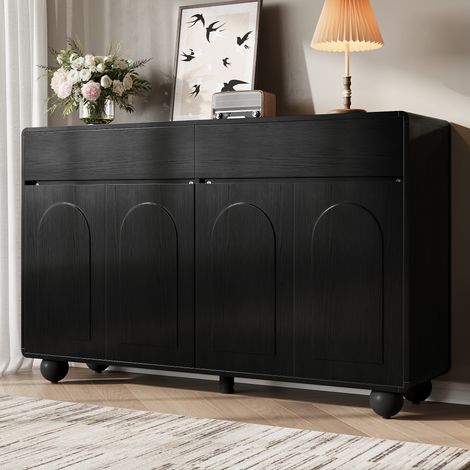 Buffet noir 140 cm avec 2 tiroirs et 4 portes, buffet à portes cintrées avec pieds ronds en métal, en panneaux de particules et MDF (1/5)