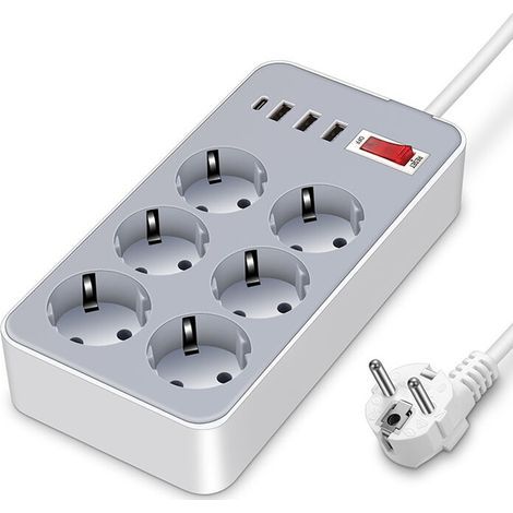 Multiprise Electrique USB, avec 6 prises secteur + 3 ports USB-A + 1 port USB-C, Multiprise Bureau USB avec Interrupteur Cordon de 1.2m pour iPhone 15/ iPad/Smartphone (1/5)