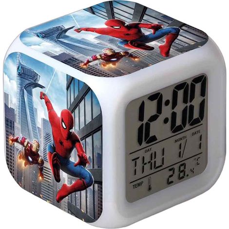 HANNTAOO Digitaler Wecker für Kinder, Cartoon-Spider-Man-Motiv, 7 LED-Farben, Weckfunktion mit Thermometer und Nachtlicht, Geschenk für Jungen (1/5)