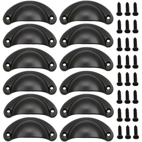 QORVA-12Pcs - Noir Poignée de Coquille Vintage pour Tiroir Armoire Meuble Cuisine, Fer Incurvé Poignée de Tiroir Coquille 8.2 x 3.5 cm, Poignée de Meuble Vintage avec Vis
