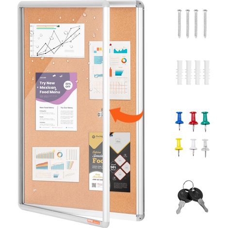 Tableau en Liège 90x60 cm, Table d’Affichage avec Cadre en Alu, Panneau d’Affichage Mural Verrouillable, avec Porte en Acrylique et 2 Clés, pour Épingler Mémo Notes Photos Bureau Maison École (1/5)
