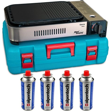 Plancha à gaz Barbecue grill 2100W Cuisson 30 x 24cm Piezo + 4 cartouches gaz + Mallette ALPEN (1/5)
