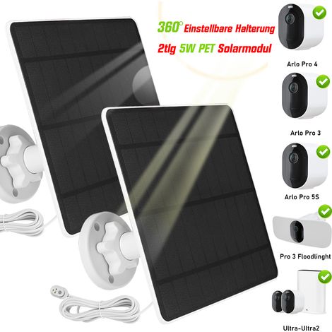 Lot de 2 Panneaux Solaires 5W/5V pour Arlo Pro 3/4/5S, Ultra/Ultra2 et Pro 3 Floodlight, Charge Magnétique, IP65 Étanche, Support 360° Réglable, Câble 3m Inclus