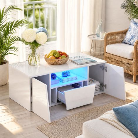 Table basse LED 100 x 50 x 40 cm avec 2 placards, 1 tiroir et rangement, blanc HAVRYA (1/5)
