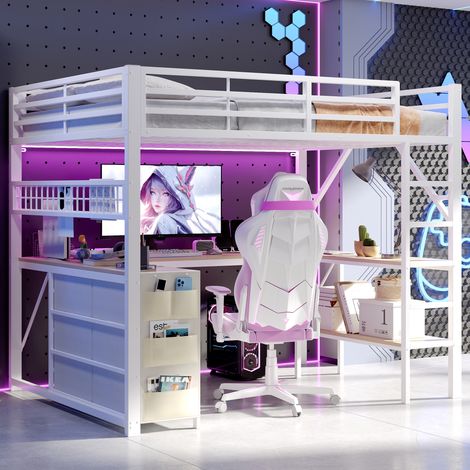 Lit mezzanine gaming 140 x 200 cm en métal blanc, bureau en U, tiroirs, rangements, éclairage LED contrôlé par application, garde-corps et escalier (1/5)