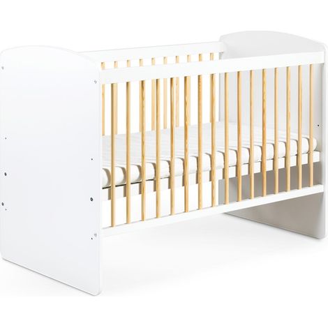 Monmobilierdesign – Lit bébé à barreaux 120x60 cm – Blanc et pin – Hauteur matelas réglable sur 3 niveaux – 3 barreaux amovibles