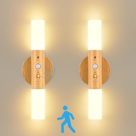2er-Pack Wandleuchten für den Innenbereich, kabellose, batteriebetriebene LED-Wandleuchte mit Bewegungsmelder, Wandleuchte aus Holz für den Innenbereich, 360°-Nachttischlampe für das Schlafzimmer mit  (1/5)
