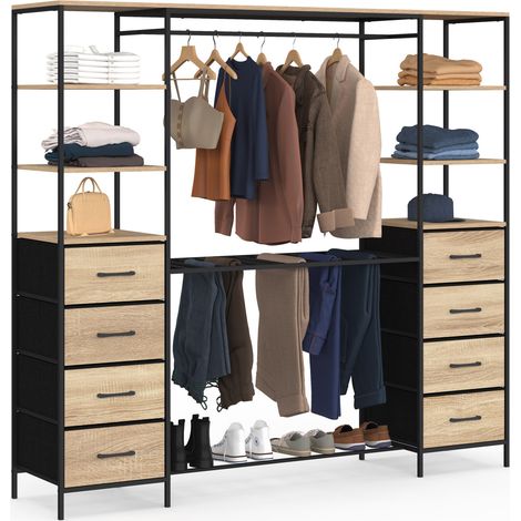 Armadio a doppia porta XXL UTAH da 180 cm con appendi-pantaloni, ripiani, contenitori in tessuto e scarpiere in legno e nero (1/5)