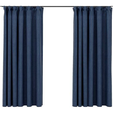 Rideaux occultants en lin avec crochets, ensemble de deux pièces, bleu, 140 x 175 cm (1/5)