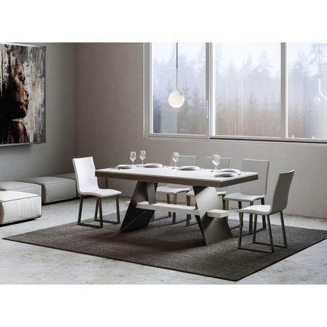Table à rallonges frêne blanc et pieds métal gris 6 à 20 places L 180 à 440 cm Bary (1/5)