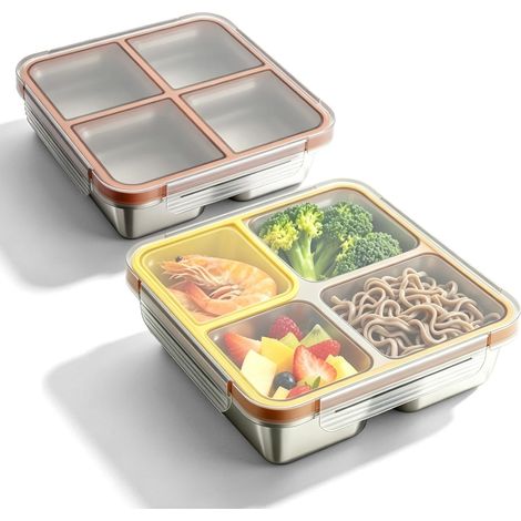 2 Pieces Snackbox avec Compartiments, Lunch Box Inox, Boite Alimentaire Inox 720ml Reutilisable Boite Repas avec Couvercle Etanche 4 Compartiments Portable pour Repas Travail Voyage Usage Quotidien (1/5)