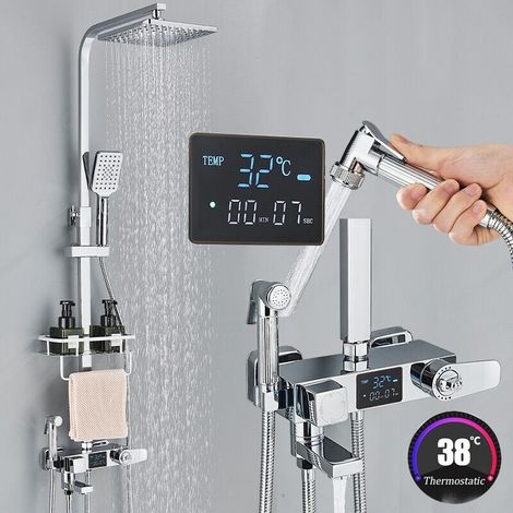 Zamery – Colonne de douche thermostatique – Tête à effet pluie 20 cm – Douchette à main – Robinet baignoire – Affichage LCD – Économie d'eau 30% (1/5)