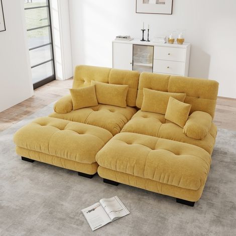 Sofá esquinero modular Cloud - 220 x 145 x 81 cm - 2 plazas con 2 pufs y 4 cojines - Confort mullido - En chenilla amarilla