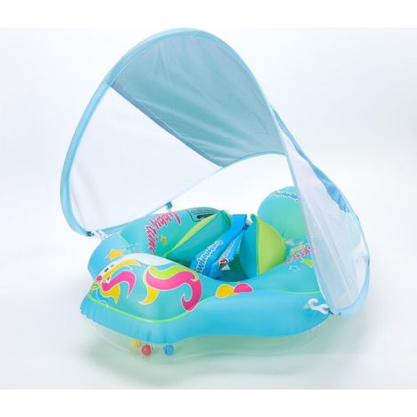 Bouée gonflable bleue pour enfants, modèle récent, avec toit, airbag intégré, système anti-retournement, pare-soleil et siège gonflable.