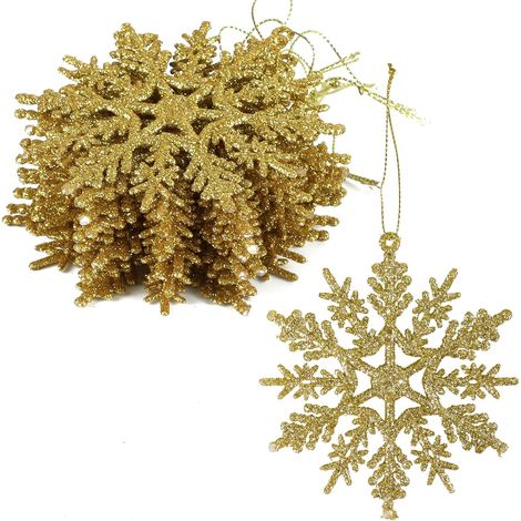 Lot de 12 ,Décoration de Noël Flocon de Neige à Suspendre en Or,Ensemble de Décoration Flocons de Neige Noël Or pour Arbre (1/5)