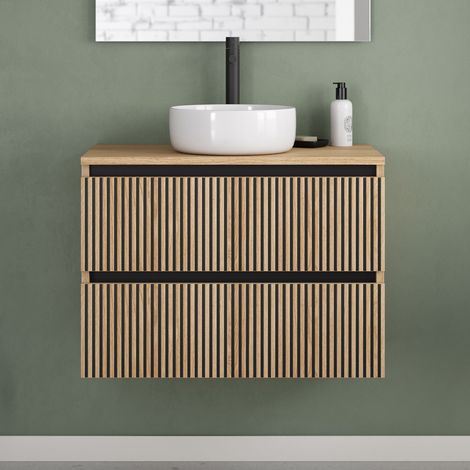 Meuble de salle de bain 60cm avec plateau et vasque à poser ronde - 2 tiroirs - sans miroir - roble era (chêne clair) - VENERIA