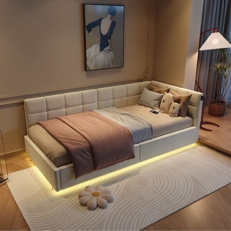 Lit rembourré 90×200 cm,Canapé-lit,lit simple pour enfants,avec espace de rangement hydraulique,LED,sommier à lattes et tête de lit,beige (1/5)
