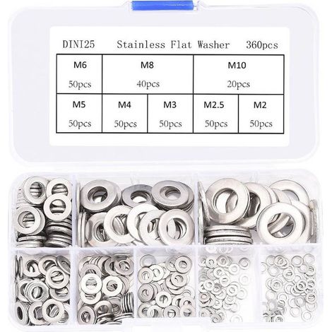 360 Pièces Inox Rondelles Plates Metal, pour Gonds de Porte, 8 Tailles Rondelles Acier Inoxydabl 304 - M2 M2.5 M3 M4 M5 M6 M8 M10 Rondelle Carrossier Inox (1/5)