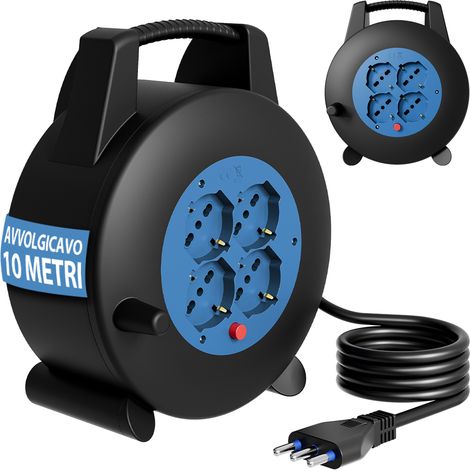 Avvolgicavo Multipresa 10 Metri con Interruttore di Protezione Prolunga 4 Prese