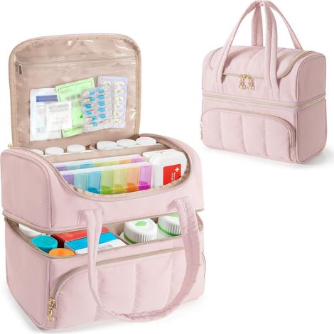 Trousse de premiers secours de voyage avec compartiments, double couche, rose