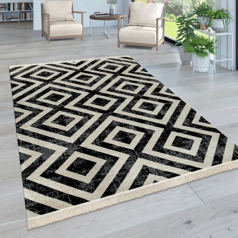 Paco Home Alfombra Tejido Plano Interior Exterior Moderno Motivo Rombos Terraza Balcón Ø 160 cm redon, Blanco-Negro