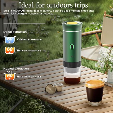 Macchina per caffè espresso portatile ricaricabile da 12V, pressione 15 bar, riscaldamento rapido (4-6 min), compatibile con capsule piccole/grandi e caffè macinato, ideale per campeggio, ufficio, via