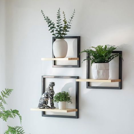 Étagères Murales en Métal Noires pour Salon, Lot de 3 Étagères Murales Carrées Modernes pour Décoration Murale, Étagères Murales pour Murs, Étagère Murale pour Chambre à Coucher (1/5)