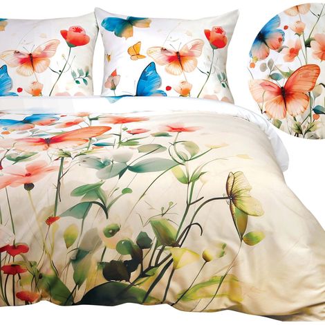 Bettwäsche-Set 180x200 Satin-Baumwolle Digitaldruck Frühlingsblumen und Schmetterlinge (1/5)