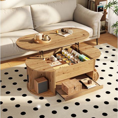 Tavolino da caffè 110x55x55 cm con piano sollevabile, contenitori nascosti e ante scorrevoli, MDF naturale (1/5)