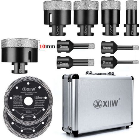 11X M14 Diamant Bohrkronen Lochsägen-Set, 9X 6-68mm Diamantbohrkrone und 2X 125mm Trennscheibe, Nass Trockenbohrkrone Fliesenbohrkrone (1/5)