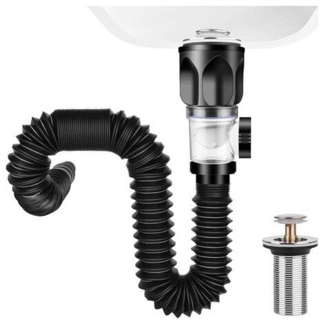 BUNTHAUS PA Piletta di scarico per lavabo, estensibile da 295 a 985 mm, sifone per lavello, piletta con scarico flessibile e tappo filtro retrattile, per bagno, cucina (Nero)