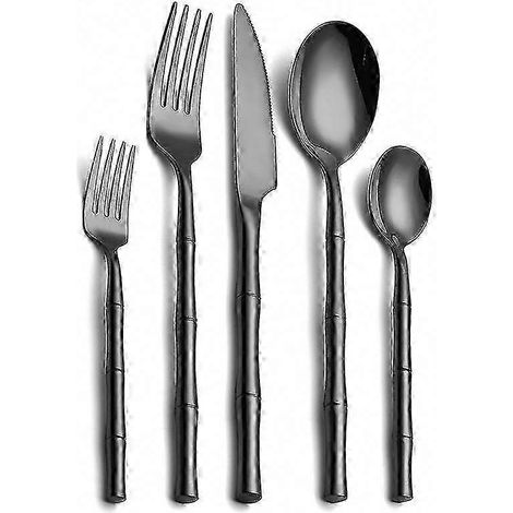 Coffret de 5 couverts en inox 304 avec manche en bambou cylindrique, ustensiles épais et robustes pour cuisine, design créatif (1/5)