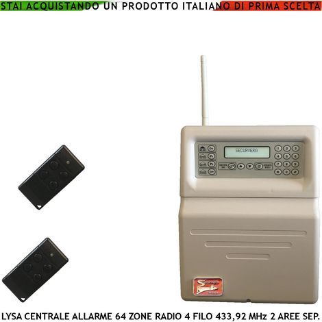 Centrale Allarme Radio Filo Lysa GSM 100 Zone Radio 433,92 MHz 16 Zone Filo 3 Aree 2 Radiocomandi Bidirezionali 4 Canali Memoria Eventi Sidra App Android Codici Utente e Tecnico Ascolto Ambientale (1/5)