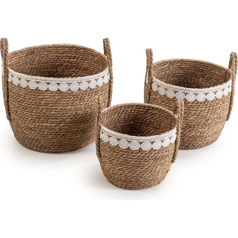 Set de 3 cestas Yasmina de fibra natural con asas, blanco/natural