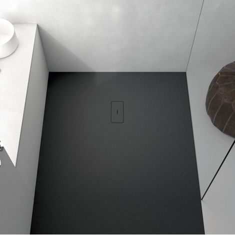Stano. – Receveur de douche à poser 100 x 140 cm – Extra plat en résine – Surface ardoisée noire – Antidérapant classe 3 – Débit 40 L/min