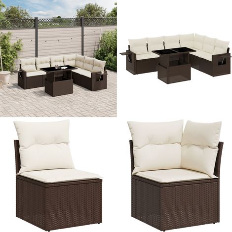 Salon de jardin avec coussins 7 pcs marron résine tressée - Ensemble Salon De Jardin - Meuble Extérieur - Jardin Design - Mobilier Résistant Aux Intempéries - Chaise Lounge - Home & Living (1/5)