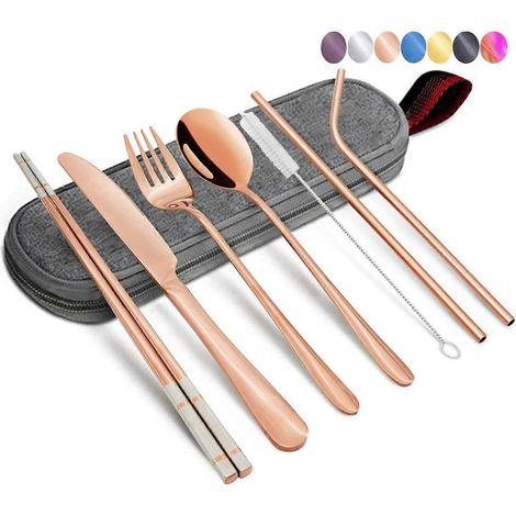 Ensemble de couverts - Ensemble de couverts de voyage et de camping - Ustensiles portables en acier inoxydable 304 avec étui, idéal pour le déjeuner, l'école, le camping ou le bureau (couleur or). (1/5)